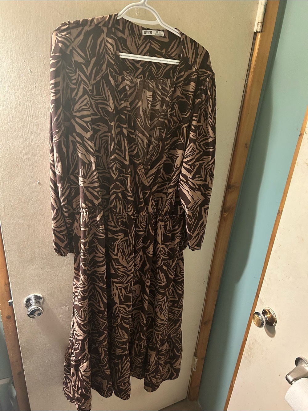 Brown Zebra-Print Tiered Long-Sleeve Midi Dress